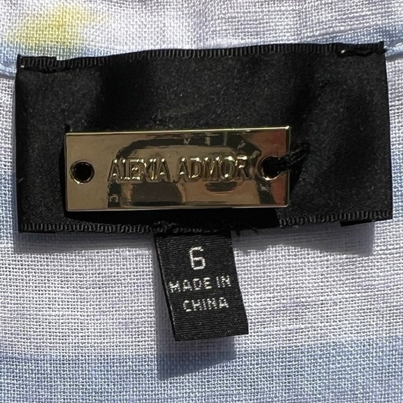 🌻Alexia Admor Blue Pink Linen Striped Button-Up Tie Short Sleeve Top Size 6 - Picture 10 of 11